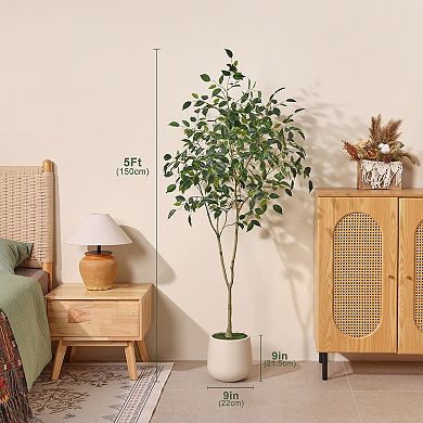 Artificial Ficus Tree in Oval White Pot, Pre Potted Faux Tree for Indoor Home Decor