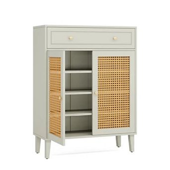 Nordic Rattan Shoe Cabinet with Adjustable Shelves & Drawer, for Entryway, Living Room