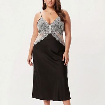 Women's Plus Size Long Satin Chemise Lace Panel Nightgown Adjustable Strap Slip Sleep Dress