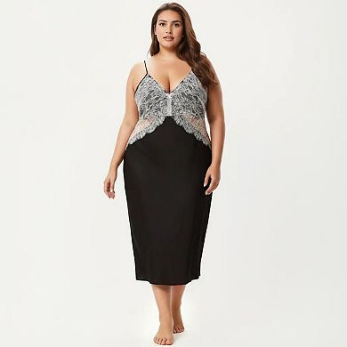 Women's Plus Size Long Satin Chemise Lace Panel Nightgown Adjustable Strap Slip Sleep Dress