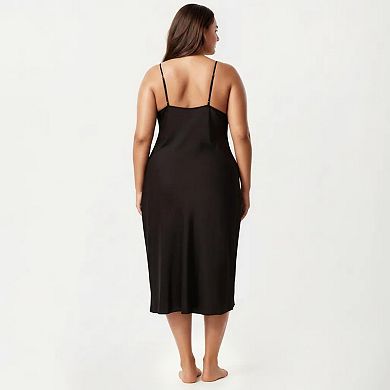 Women's Plus Size Long Satin Chemise Lace Panel Nightgown Adjustable Strap Slip Sleep Dress