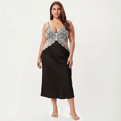 Women's Plus Size Long Satin Chemise Lace Panel Nightgown Adjustable Strap Slip Sleep Dress