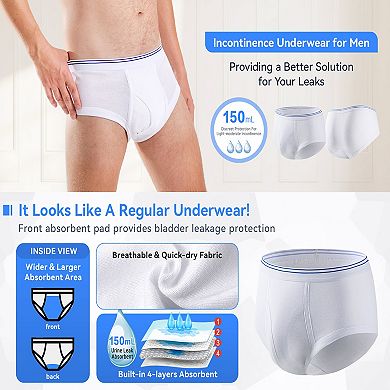 Carer 3-Pack Washable Incontinence Underwear for Men Reusable Absorbency Leakproof Briefs