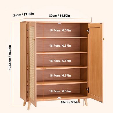 Rattan 5-Tier Shoe Cabinet with Adjustable Shelves, Double Door Storage, for Entryway & Hallway