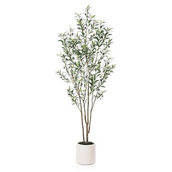 Artificial Olive Tree with White Planter, Faux Olive Silk Tree, Tall Artificial Plants Indoor Decor