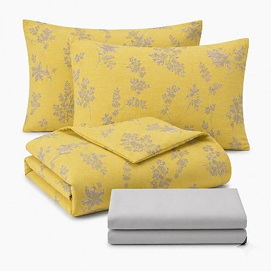 4-Piece Cotton Bedding Set with Floral Print Duvet Cover, Pillowcases, and Flat Sheet