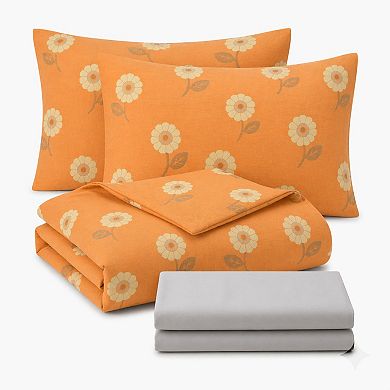 4-Piece Cotton Bedding Set with Floral Print Duvet Cover, Pillowcases, and Flat Sheet
