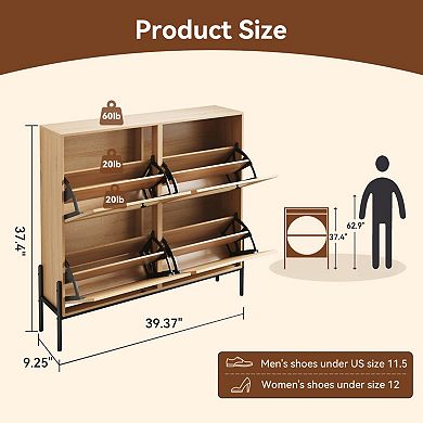 Rattan Shoe Cabinet with 4 Flip Doors, Narrow Space-Saving Storage, for Entryways, Hallways