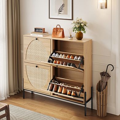 Rattan Shoe Cabinet with 4 Flip Doors, Narrow Space-Saving Storage, for Entryways, Hallways