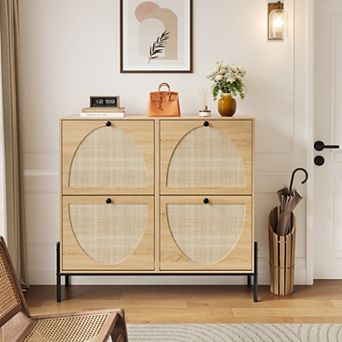Rattan Shoe Cabinet with 4 Flip Doors, Narrow Space-Saving Storage, for Entryways, Hallways