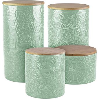 4 pc Embossed Ceramic Canister Set with Wooden Lids for Kitchen Storage