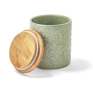 4-Piece Embossed Ceramic Canister Set with Wooden Lids for Kitchen Storage