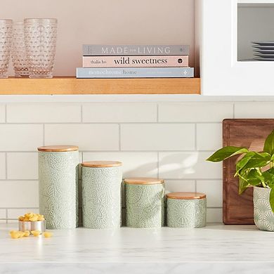 4-Piece Embossed Ceramic Canister Set with Wooden Lids for Kitchen Storage