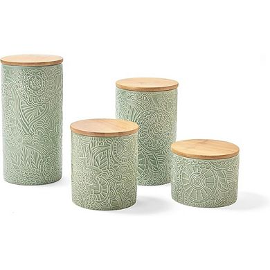 4-Piece Embossed Ceramic Canister Set with Wooden Lids for Kitchen Storage
