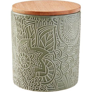 4-Piece Embossed Ceramic Canister Set with Wooden Lids for Kitchen Storage