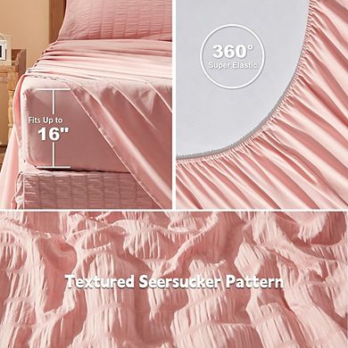7-Piece Queen Comforter Set Seersucker All-Season Bedding Sheets Pillow Shams