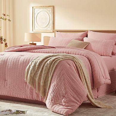 7-Piece Queen Comforter Set Seersucker All-Season Bedding Sheets Pillow Shams