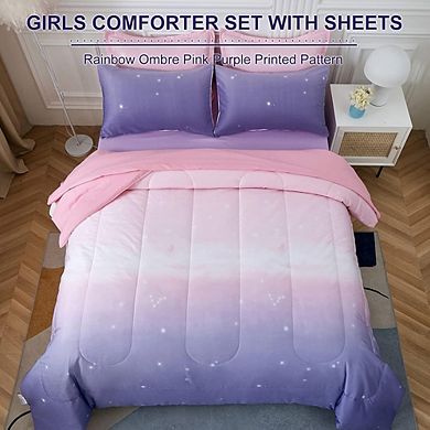 7-Piece Full Comforter Set Rainbow Ombre Kids Bedding Sheets Pillow Shams
