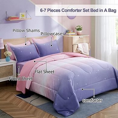 7-Piece Full Comforter Set Rainbow Ombre Kids Bedding Sheets Pillow Shams