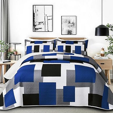 Full/Queen Quilt Set Reversible Geometric Lightweight Microfiber Bedding 3-Piece
