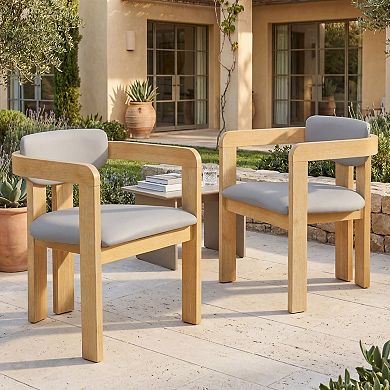 Eazegath Set of 2 Outdoor Patio Solid Wood Barrel Dining Armchairs with Fixed Cushions