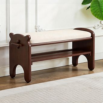 2 tier Modern Solid Wood Shoe Rack Entryway Bench with Faux Leather Cushion for Hallway