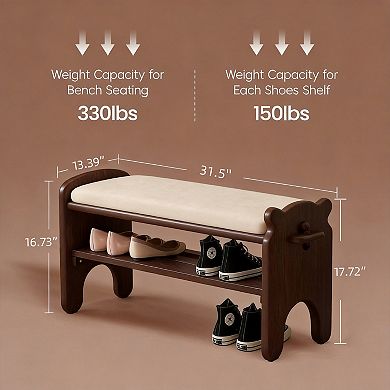 2-Tier Modern Solid Wood Shoe Rack Entryway Bench with Faux Leather Cushion for Hallway