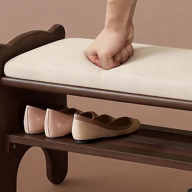 2-Tier Modern Solid Wood Shoe Rack Entryway Bench with Faux Leather Cushion for Hallway