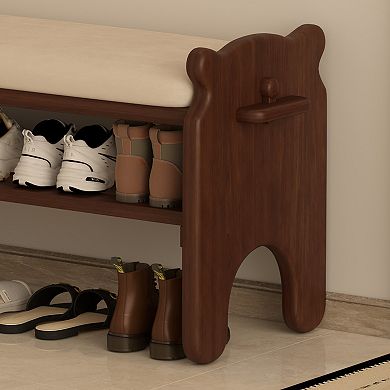 2-Tier Modern Solid Wood Shoe Rack Entryway Bench with Faux Leather Cushion for Hallway