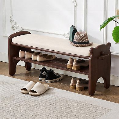 2-Tier Modern Solid Wood Shoe Rack Entryway Bench with Faux Leather Cushion for Hallway