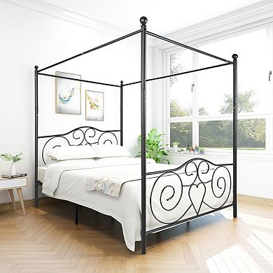 KWPZQEB Queen Size Metal Canopy Bed Frame with Vintage Style Headboard & Footboard