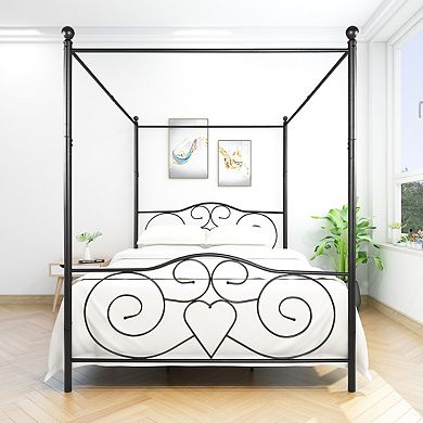 KWPZQEB Queen Size Metal Canopy Bed Frame with Vintage Style Headboard & Footboard