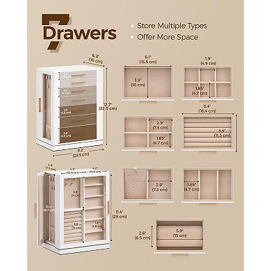 White 7 Drawer Vertical Jewelry Organizer Case with Glass Windows 360 Degree Rotating 1 Piece