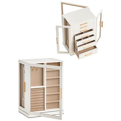 White 7 Drawer Vertical Jewelry Organizer Case with Glass Windows 360 Degree Rotating 1 Piece