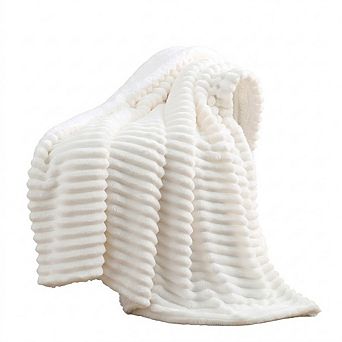 Cream White Sherpa Fleece Throw Blanket, Double-Sided Soft Cozy Striped Plush Blanket