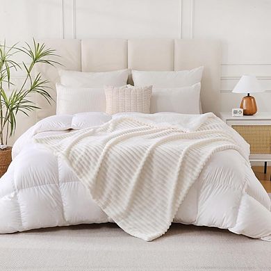 Cream White Sherpa Fleece Throw Blanket, Double-Sided Soft Cozy Striped Plush Blanket