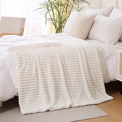 Cream White Sherpa Fleece Throw Blanket, Double-Sided Soft Cozy Striped Plush Blanket