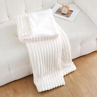 Cream White Sherpa Fleece Throw Blanket, Double-Sided Soft Cozy Striped Plush Blanket