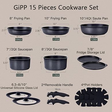 Ceramic Nonstick Cookware Set 15-Pc, Non-Toxic, Detachable Handle, Induction Safe