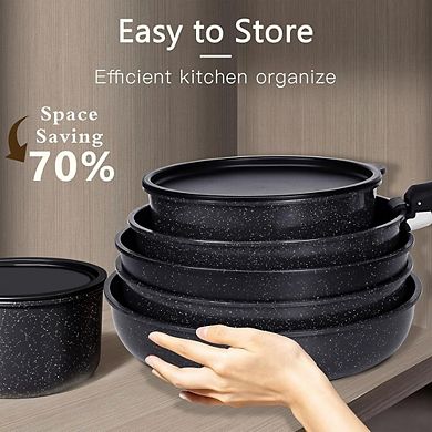 Ceramic Nonstick Cookware Set 15-Pc, Non-Toxic, Detachable Handle, Induction Safe