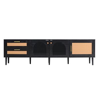 KWPZQEB 70.8'' Rattan Media Console Table for TVs up to 80'' w/ LED Light&2 Drawers for Living Room