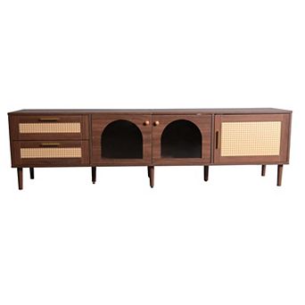 KWPZQEB 70.8'' Rattan Media Console Table for TVs up to 80'' w/ LED Light&2 Drawers for Living Room