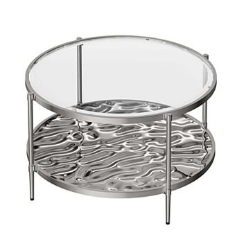 31.5 Inch Stainless Steel Round Glass Coffee Table with Double Shelf