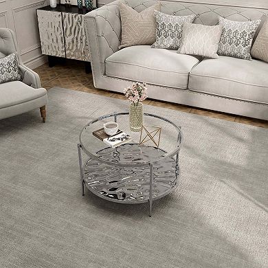 31.5 Inch Stainless Steel Round Glass Coffee Table with Double Shelf