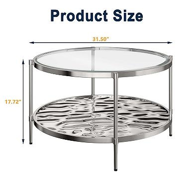 31.5 Inch Stainless Steel Round Glass Coffee Table with Double Shelf