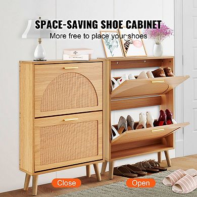 Rattan 2 Flip Drawer Shoe Cabinet, Space-Saving Storage, Ideal for Entryway & Hallway