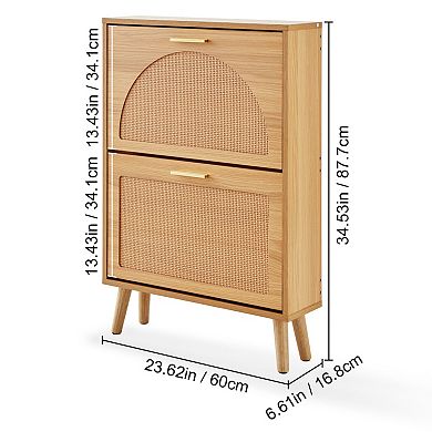 Rattan 2 Flip Drawer Shoe Cabinet, Space-Saving Storage, Ideal for Entryway & Hallway