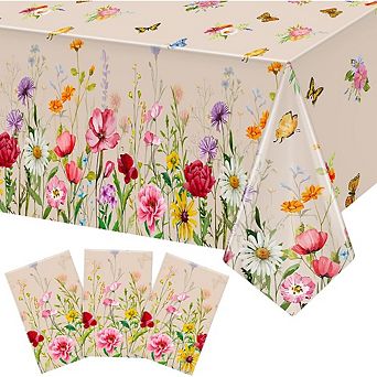 Summer Floral Tablecloths, disposable plastic covers, waterproof 3 pack