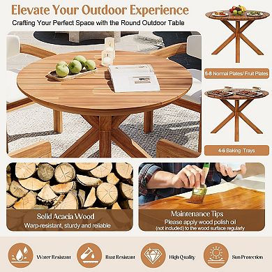 Eazegath 5-Piece Outdoor Wood Round Dining Table Set with 4 Barrel Armchairs and Fixed Cushions
