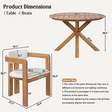 Eazegath 5-Piece Outdoor Wood Round Dining Table Set with 4 Barrel Armchairs and Fixed Cushions